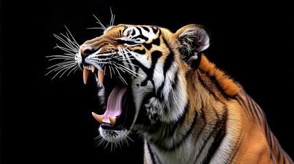 Naklejka premium A fierce tiger roaring against a dark background, showcasing its powerful jaws and striking stripes.