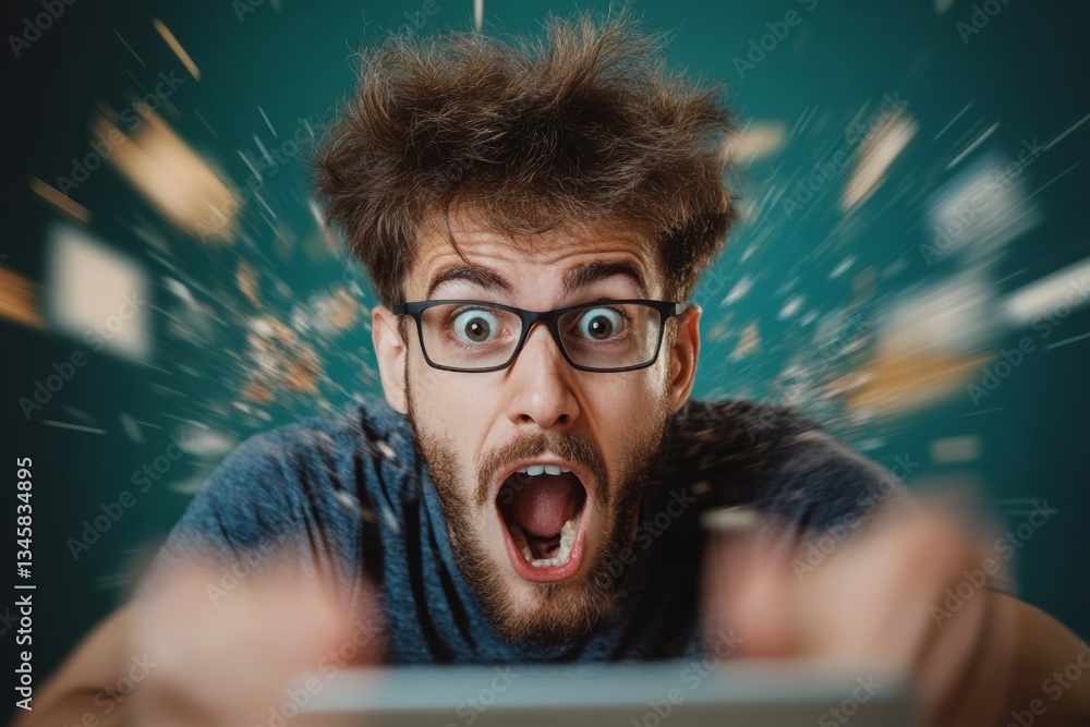 Poster man with glasses and a beard is in a state of shock, possibly due to a video game or some other even