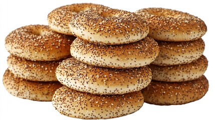 A stack of several freshly baked everything bagels ready to eat