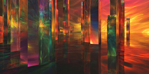 A surreal, colorful abstract background with floating, luminous crystalline structures. The reflections of deep sapphire, glowing emerald, and fiery ruby create a mystical, otherworldly, and visually