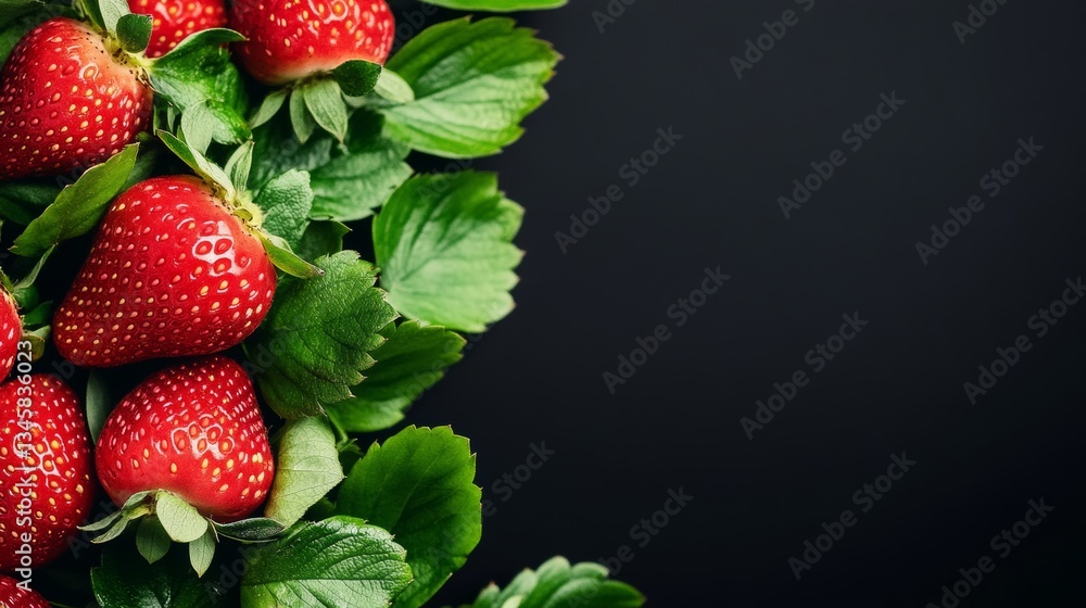 Poster close up of a bunch of red strawberries with green leaves. the strawberries are arranged in a way th
