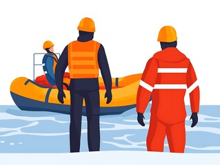 Fototapeta premium Three individuals in safety gear observe a rescue boat on water, highlighting teamwork and safety in marine operations.