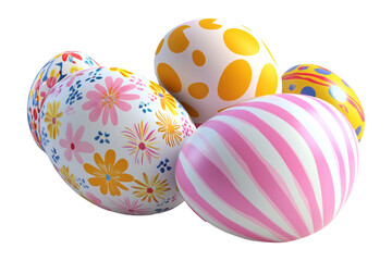 Vibrant Easter eggs with intricate floral and geometric designs in pastel and bright colors isolated on white transparent background, symbolizing Easter celebration