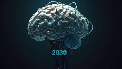 The human brain is connected to a computer, vision 2030, Artificial Intelligent images, Neural Link