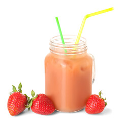 Mason jar with tasty strawberry smoothie on white background