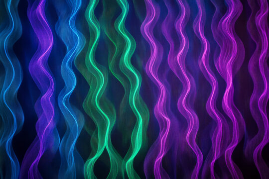 A surreal, colorful abstract background inspired by rippling sound waves. The undulating, fluid patterns in radiant violet, neon green, and deep blue form a visually hypnotic composition that conveys