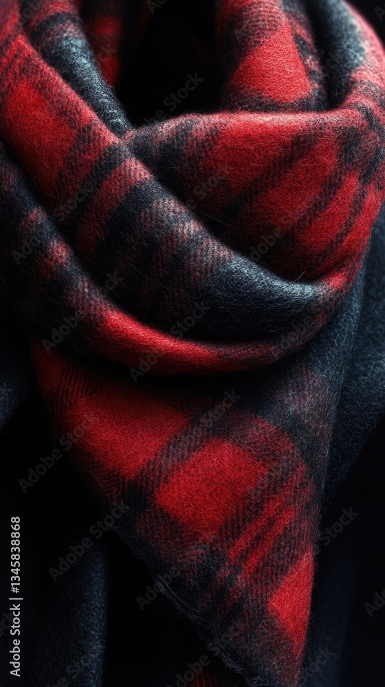 Poster A close-up shot of a red and black scarf with intricate patterns