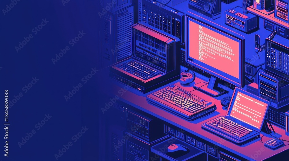 Aufkleber digital workspace shows multiple computers and electronic equipment