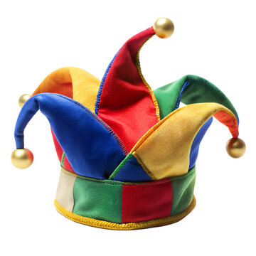 Colorful jester funny hat, fools day symbols on transparent background