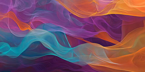 Fototapeta premium A surreal, colorful abstract background with layered, translucent waves. The flowing, overlapping forms in neon purple, bright turquoise, and warm coral create a futuristic, organic, and visually