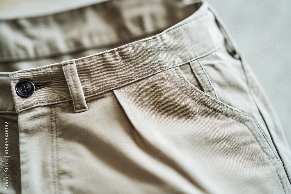 Poster a detailed view of a button on a pair of pants