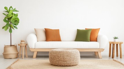 A modern living room featuring a white sofa with colorful cushions, a round woven coffee table, and a decorative plant, creating a cozy atmosphere.
