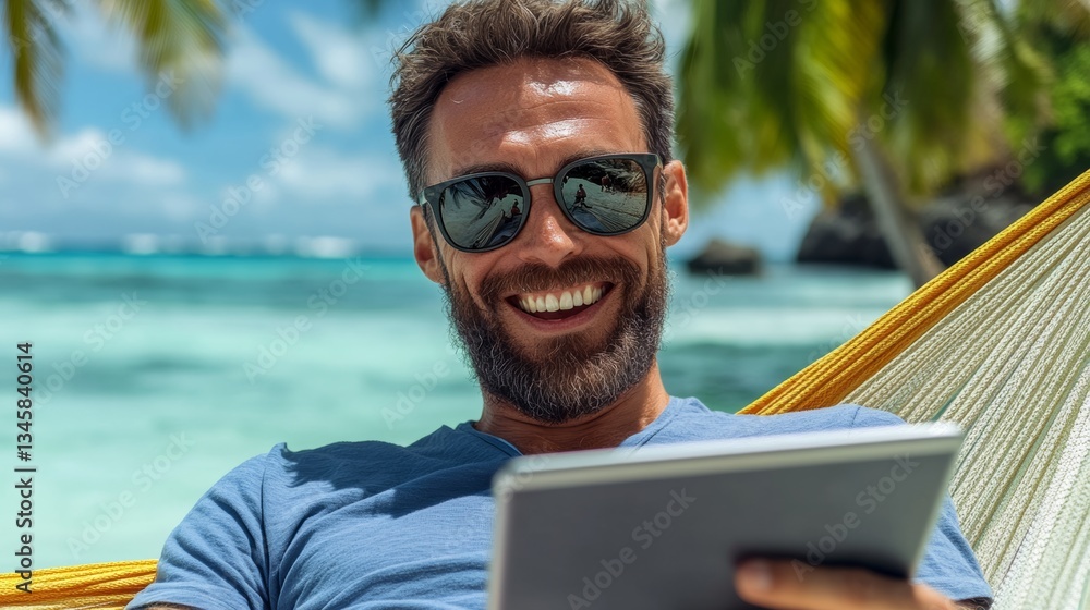 Poster man with a beard is smiling and holding a tablet. he is sitting on a hammock by the ocean