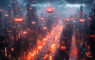 Obraz premium Futuristic City Skyline with Glowing Delivery Drones and Neon Streets 