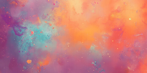 A dreamy, colorful abstract background with softly blurred, glowing particles. The floating, weightless specks in warm coral, electric purple, and bright aqua create a celestial, delicate, and