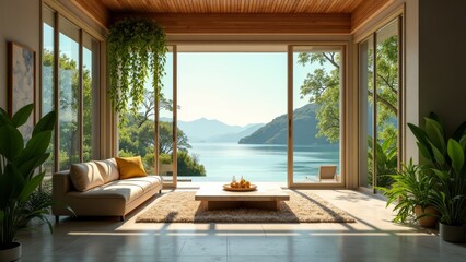 A serene living room with a stunning lake view