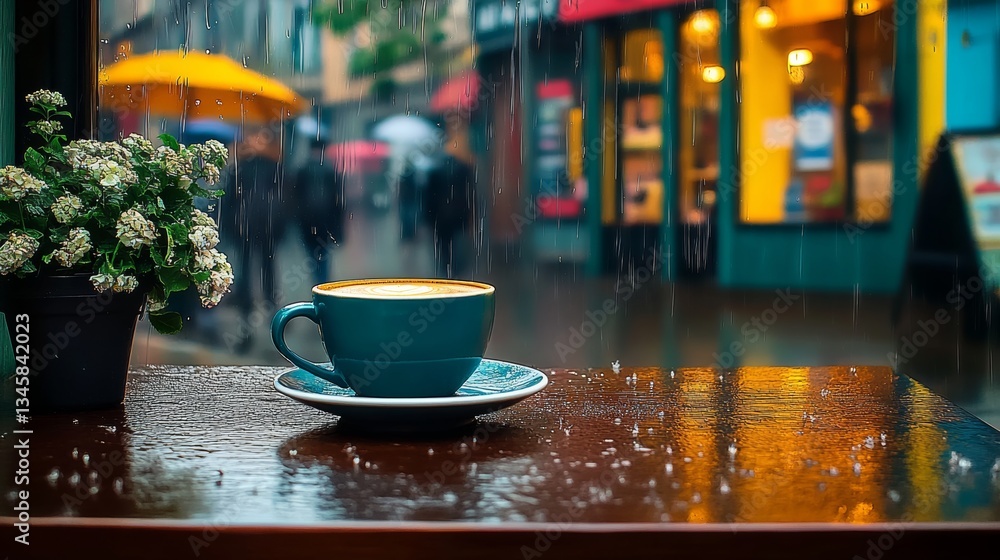 Poster cup of coffee sits on a saucer on a table outside in the rain. the rain is falling on the table and 