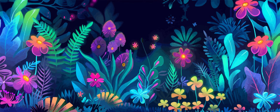Vibrant neon jungle with glowing night flora and colorful leaves