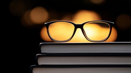 A pair of glasses rests on a stack of books, set against a warm, blurred background resembling sunlight, This image is perfect for themes of reading, education, and knowledge dissemination,