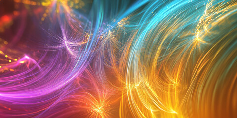 A mesmerizing, colorful abstract background featuring soft, glowing fiber optic strands. The intertwined, illuminated threads in bright teal, electric violet, and golden amber create a futuristic,