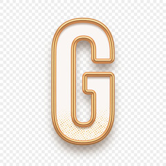 Letter G. Golden alhabet text effect. Realistic gold metal font. Golden ouline font. Metallic 3d typeface. English alphabet. Vector illustration.