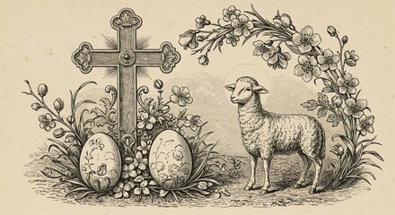 Vintage Easter religious illustration with lamb, cross and eggs for church bulletins, religious cards, Easter Sunday materials, and Christian blog content