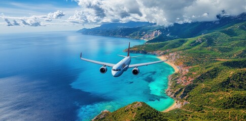 Airplane Flying Over Stunning Coastal Landscape
