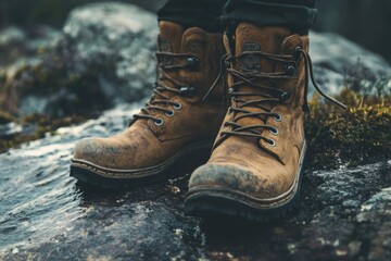 A person stands on a rock wearing brown boots, great for outdoor or adventure-themed images