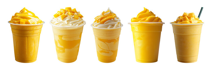 Mango smoothie or milkshake in plastic takeaway glass isolated on a transparent or white background, cut out, PNG