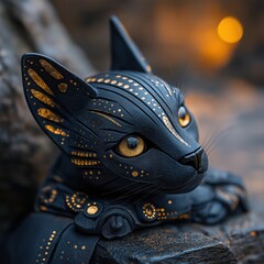 Fototapeta premium Elegant black cat with golden accents resting among dark stones in a cozy evening setting