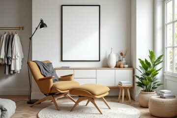 Fototapeta premium A modern living room with chair and plants is shown