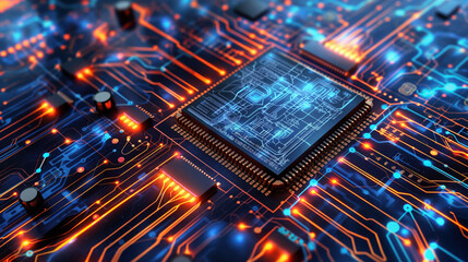 Circuit Board Background with Chipset and Glowing Lines