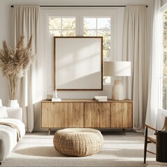 Cozy living room with natural elements.  A  sun-drenched space featuring a large framed canvas, light-colored curtains, a wooden cabinet, and a woven ottoman. 