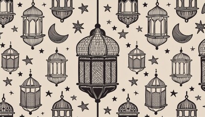 Elegant seamless Ramadan pattern with golden lanterns, crescent moons, and stars on a deep navy blue/green/red/off white background