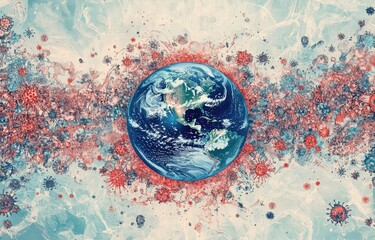 Earth surrounded by microscopic organisms