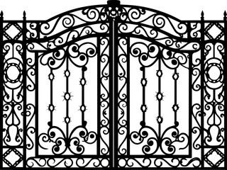 Fantasy-style wrought iron gates in SVG and vector format. Ornate Iron Gate Design with Intricate Filigree Patterns