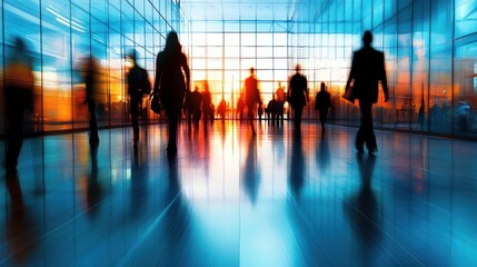Silhouettes of Business People Walking in a Modern Building at Sunset