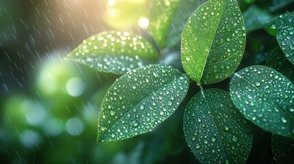 Close Up Of Wet Green Leaves with Water Droplets and Bokeh Background