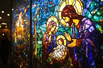 Fototapeta premium A serene Nativity scene in a rustic wooden stable under a glowing star, Mary and Joseph gazing lovingly at baby Jesus in the manger, surrounded by shepherds and animals, warm golden light