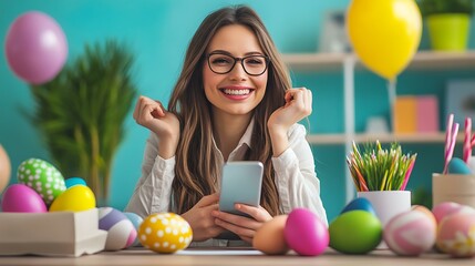 A happy businesswoman celebrating Easter at her desk with a festive egg and a smartphone