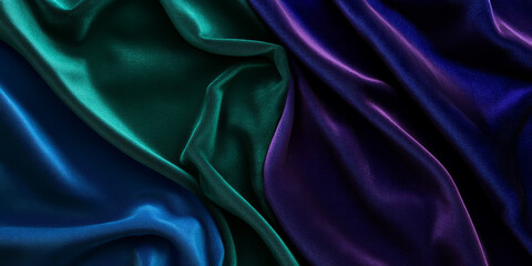 Fototapeta premium A luxurious, colorful abstract background resembling crushed velvet illuminated by shifting neon lights. Deep, rich colors such as royal blue, emerald green, and amethyst purple shimmer elegantly,