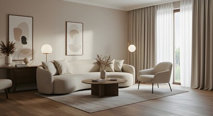Modern Minimalist Living Room Design, Elegant Neutral Interior Decor, Serene and Stylish Home Aesthetic, Contemporary Cozy Space Inspiration, Sophisticated Home Styling Ideas