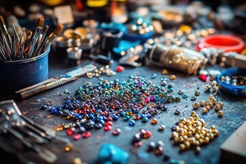 A decorative table covered with various colored beads