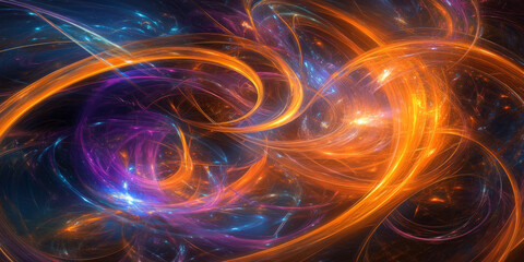 A surreal, colorful abstract background with dynamic particle swirls. The chaotic, luminous trails in neon orange, deep turquoise, and radiant violet create a high-energy, cosmic, and visually
