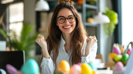 A happy professional woman in an office setting, celebrating Easter with a smile while balancing work and holiday spirit