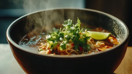 Steaming Noodle Soup in a Dark Brown Bowl