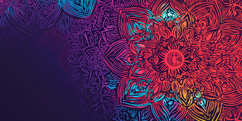 A bold, colorful abstract background featuring intricate mandala patterns with neon illumination. The geometric symmetry in radiant red, deep violet, and glowing aqua creates a spiritual, psychedelic,