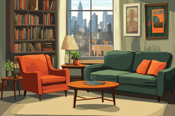 Sofa, armchair, and coffee table in a cozy living room with a bookcase near a window with a city view, a flat vector illustration. Upholstered Living Room Furniture