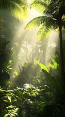 Sunlight shines through the trees in a lush green tropical rainforest, with plants and light