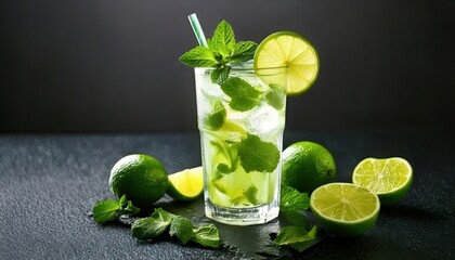 A vibrant mojito cocktail with fresh mint leaves, lime slices, and crushed ice, served in a chilled glass.